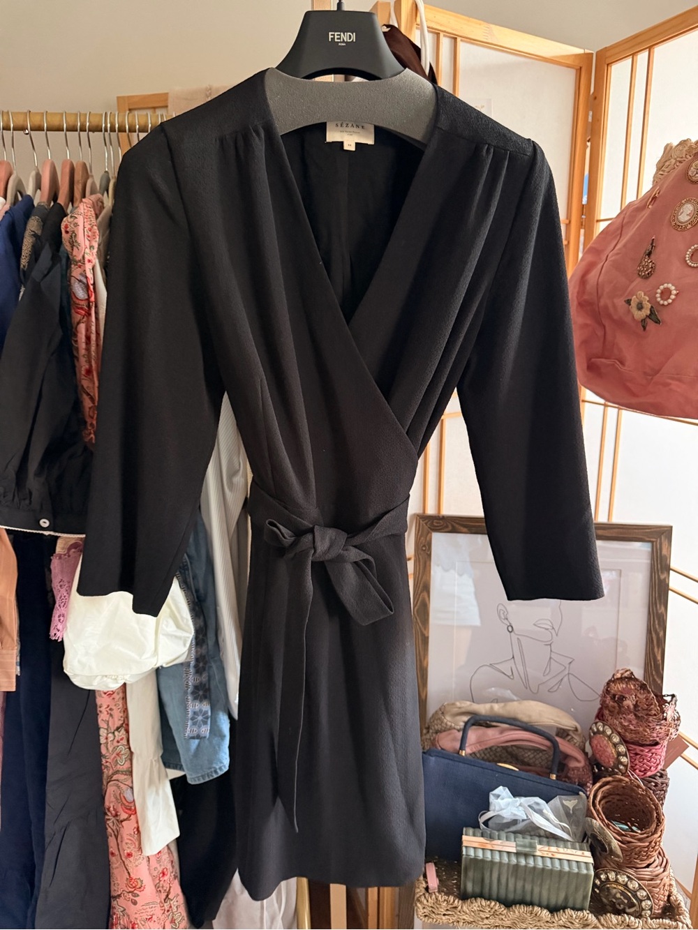 Sézane Black Wrap Dress Textured Crepe Tie Waist 3/4 Sleeve Size 44